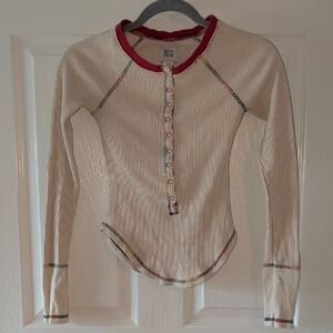 BDG Cream Waffle-Knit Henley with Red Neck Trim